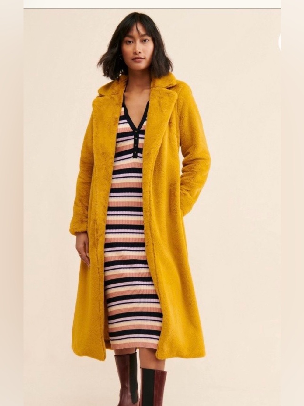 Free People Long Teddy Coat in Mustard Yellow